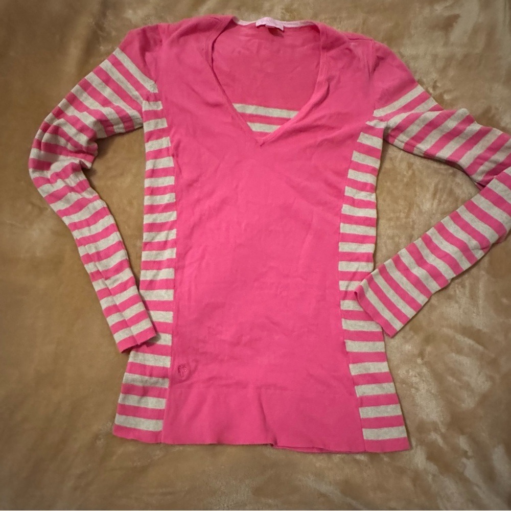 Lilly Pulitzer Womens Pink Grey Striped V-Neck Long Sleeve Sweater Cotton Small